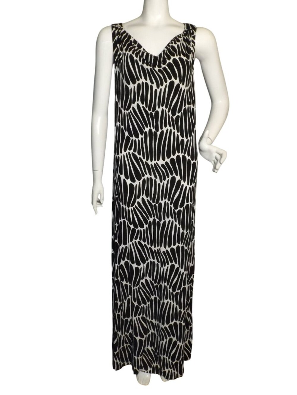 TOMMY BAHAMA Maxi Dress, L, Black/White Oblong Waves, Sleeveless, Drape neck